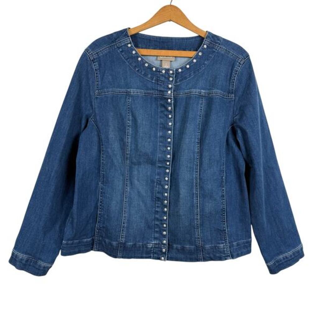 Chico's Women Embellished Jean Jacket Size 2 (US L/12) Faux Rhinestones & Pearls